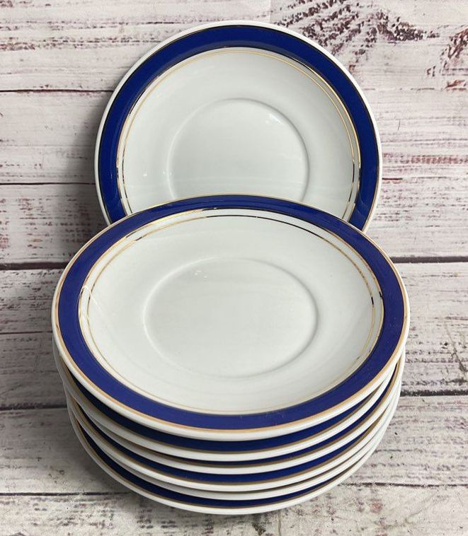Crown Porcelain Prestige 6" Set of 8 Rim Saucers White Blue