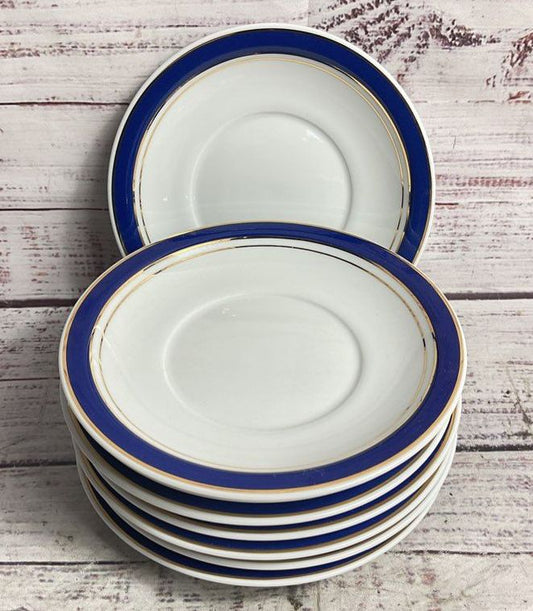 Crown Porcelain Prestige 6" Set of 8 Rim Saucers White Blue