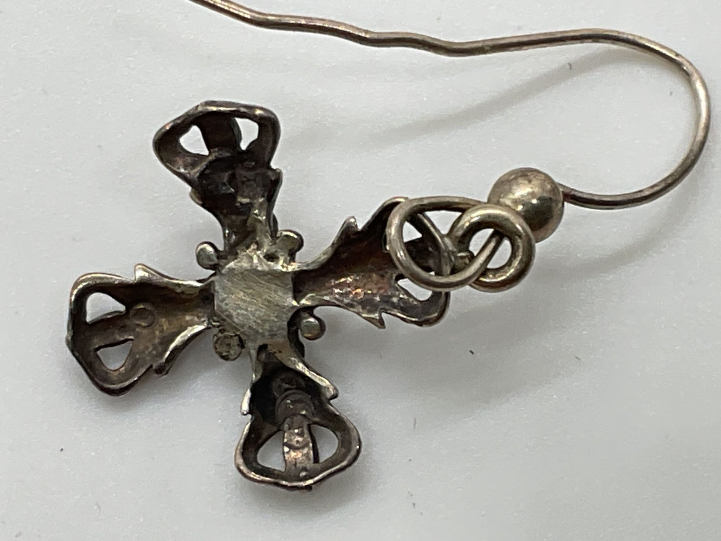 VTG. Sterling Silver Floral Repousse Cross 1.25" Dangle Earrings- 2.58g
