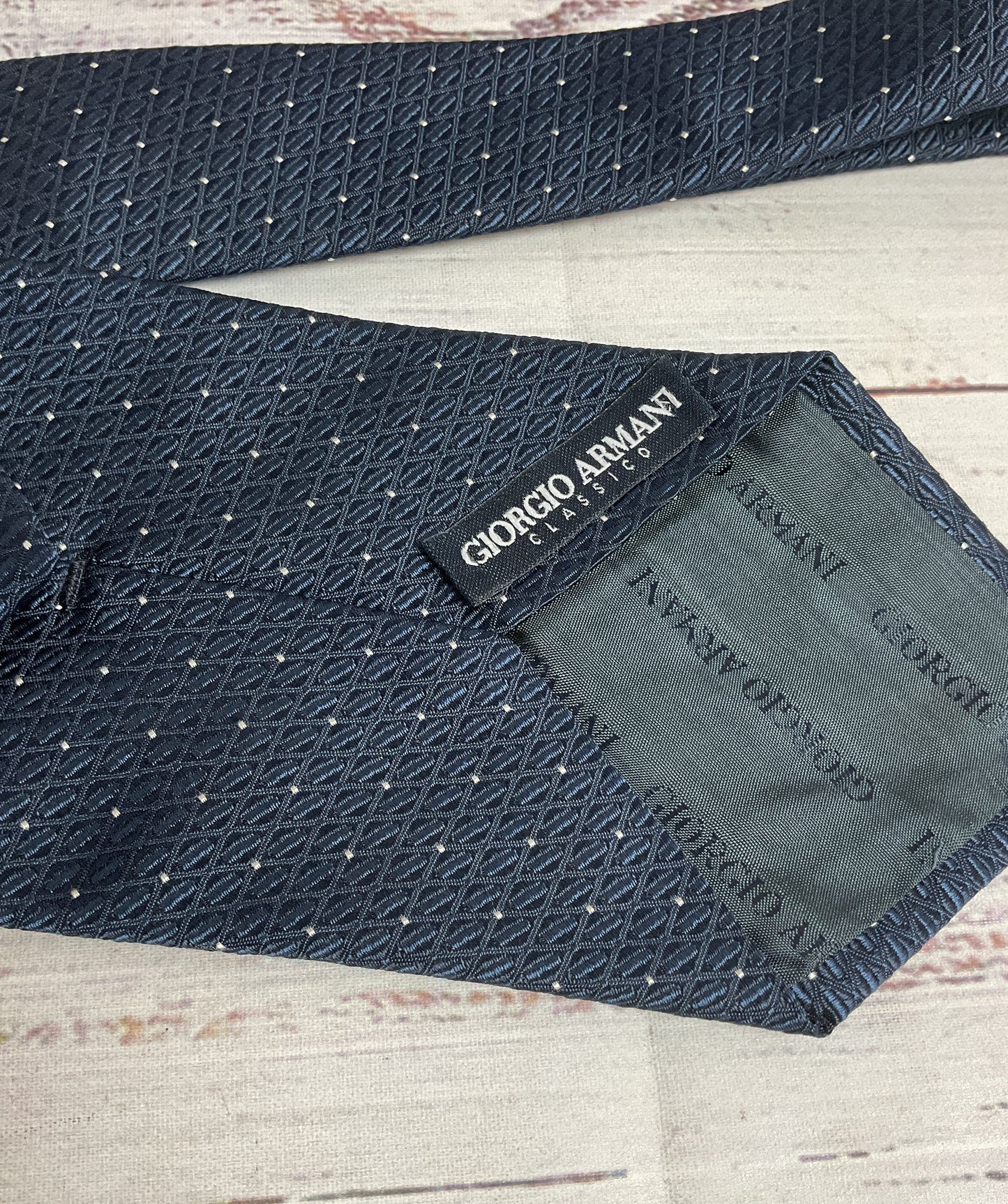 Gorgio Armani Blue and White Polka Dot 100% Silk Tie - 55"