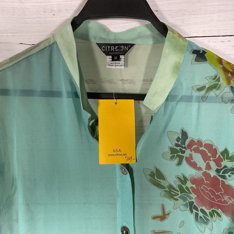 NWT Citron Green Shear 100% Silk Floral Mandarin Collar Button Up Blouse Size M