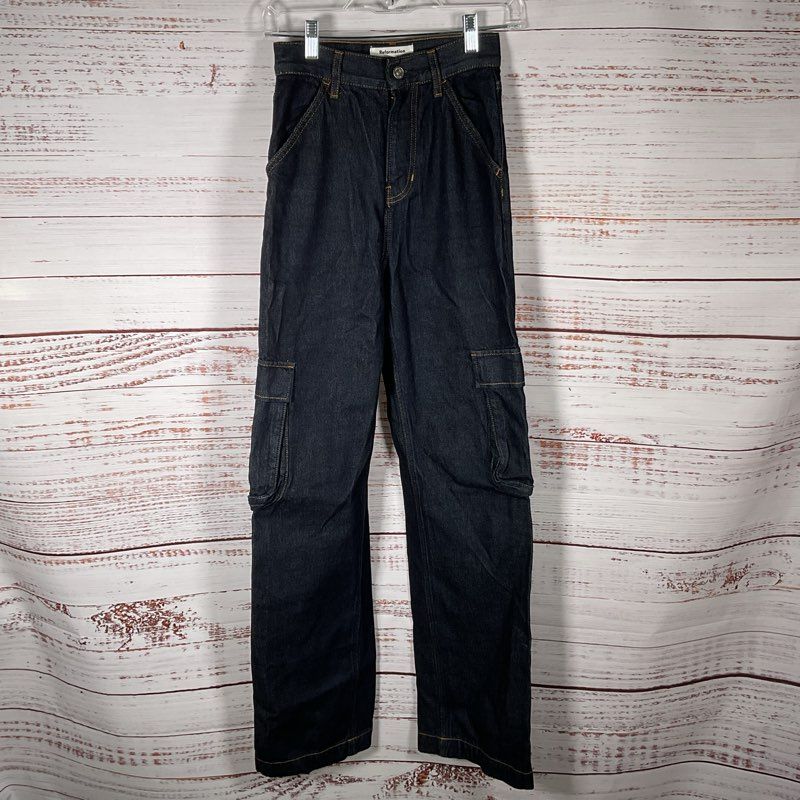 Reformation Wilder Dark Wash Denim Utility Cargo High Rise Wide Leg Jeans sz 24