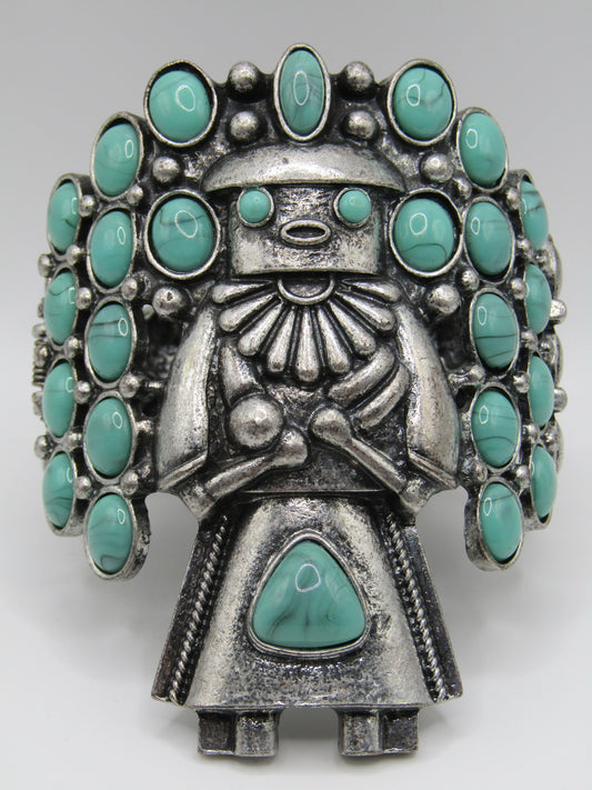 Crown Nine Southwestern Kachina Deity Faux Turquoise Hinged Bangle Bracelet