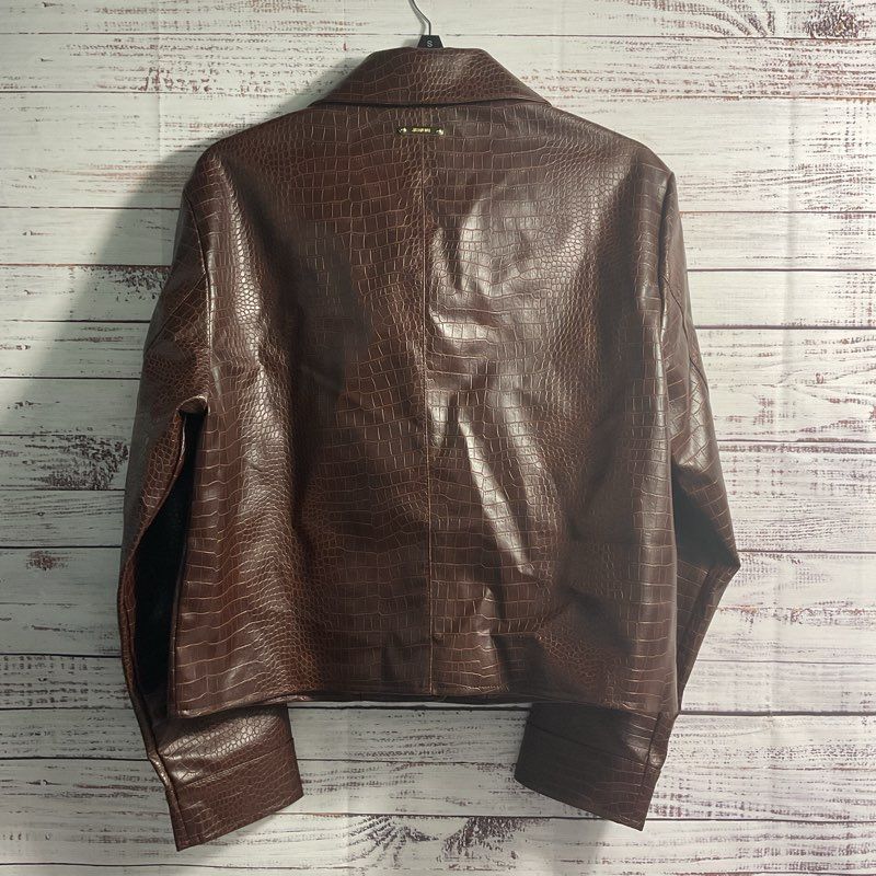 Jason Wu Brown Faux Leather Croc Embossed Cropped 2 Pocket Blazer Jacket Size M