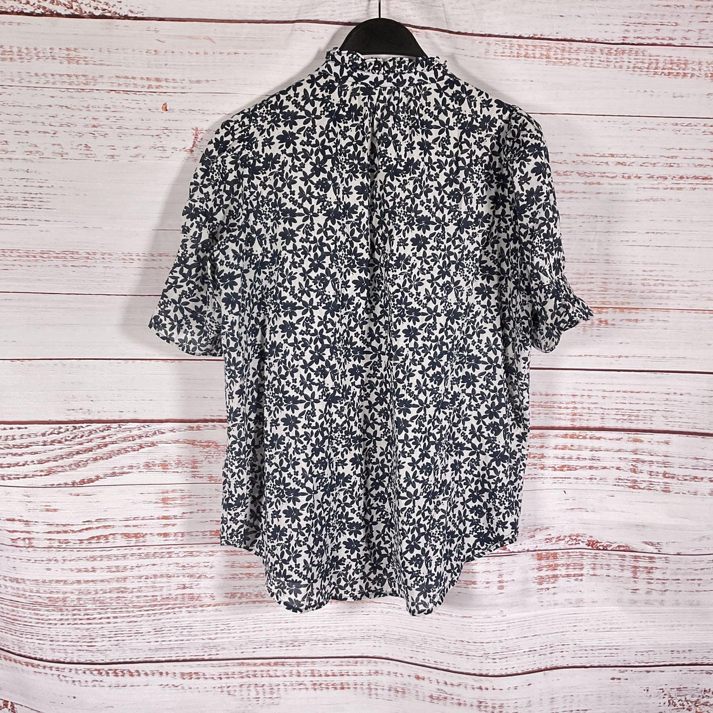 Apiece Apart White Navy Blue Floral Print Cotton Short Sleeve Blouse - Size S