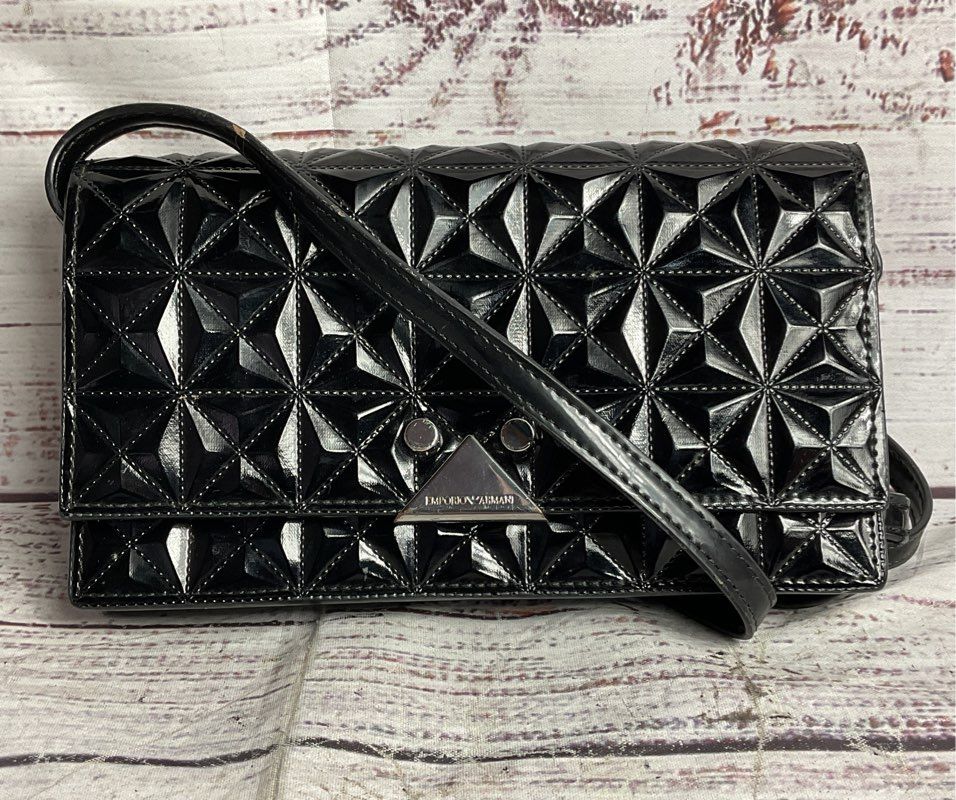 Emporio Armani Quilted Patent Leather Convertible Shoulder Bag Black
