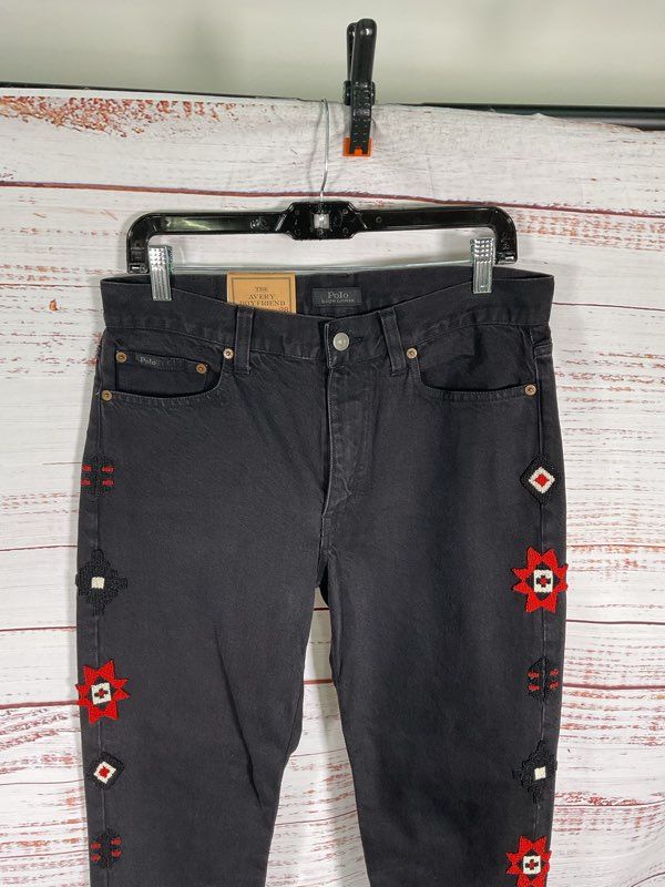 Polo Ralph Lauren Rope Dyed Avery Boyfriend Black Beaded Aztec Jeans Women's 28