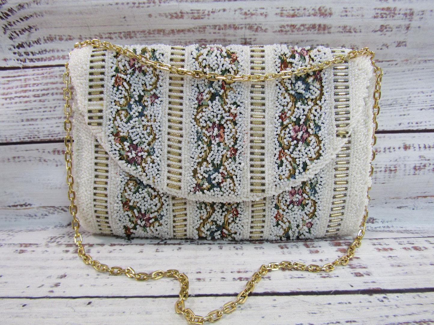 Vintage Handcrafted Floral Tapestry Beaded Evening Shoulder Bag
