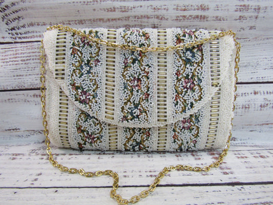 Vintage Handcrafted Floral Tapestry Beaded Evening Shoulder Bag