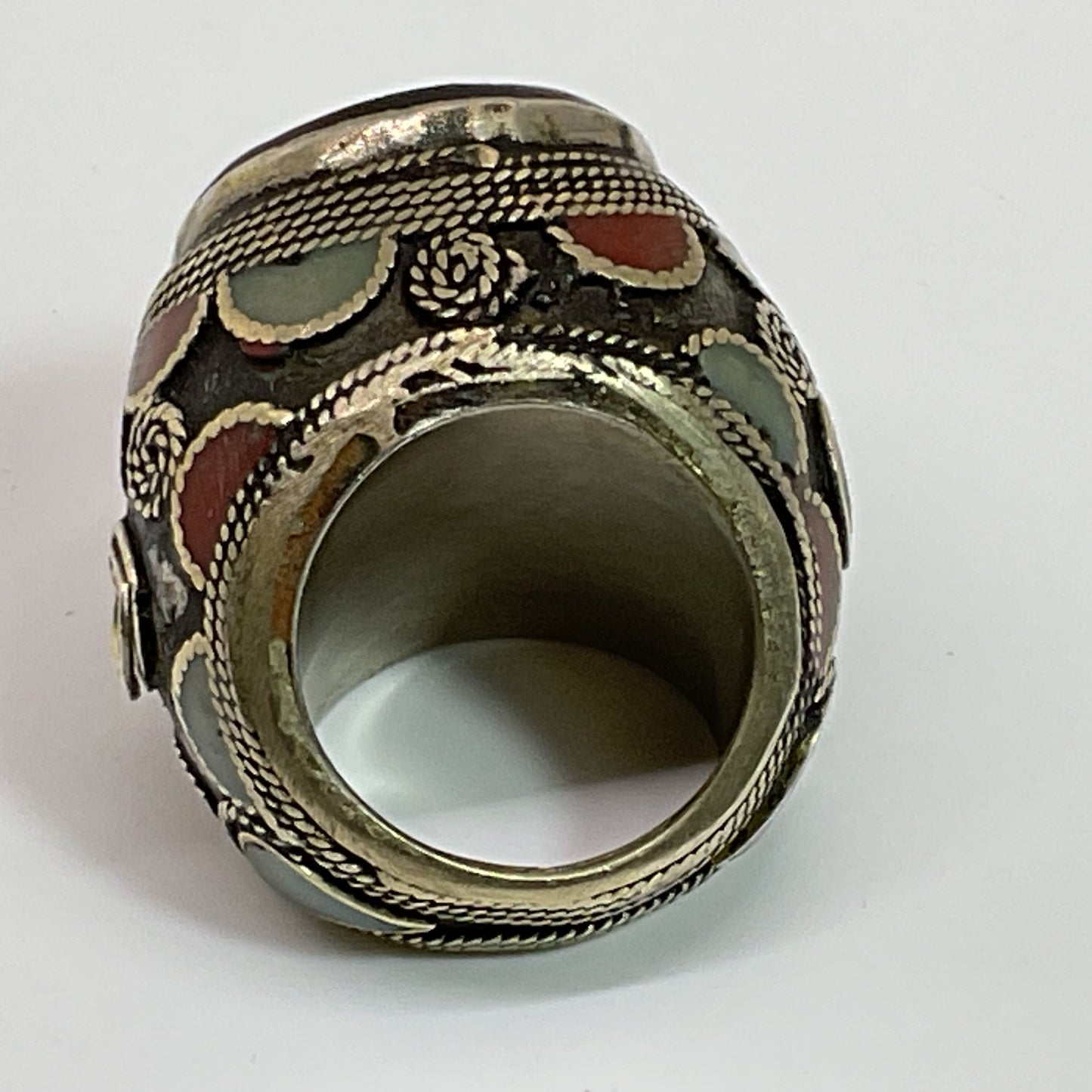Afghan Silver Tone Stone Inlay Chunky SZ 7.5 Ring