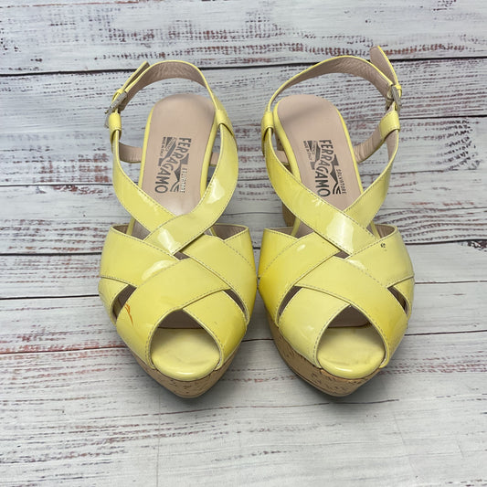 Ferragamo Yellow Patent Leather Peep Toe Wedge Heel Women Size 9.5