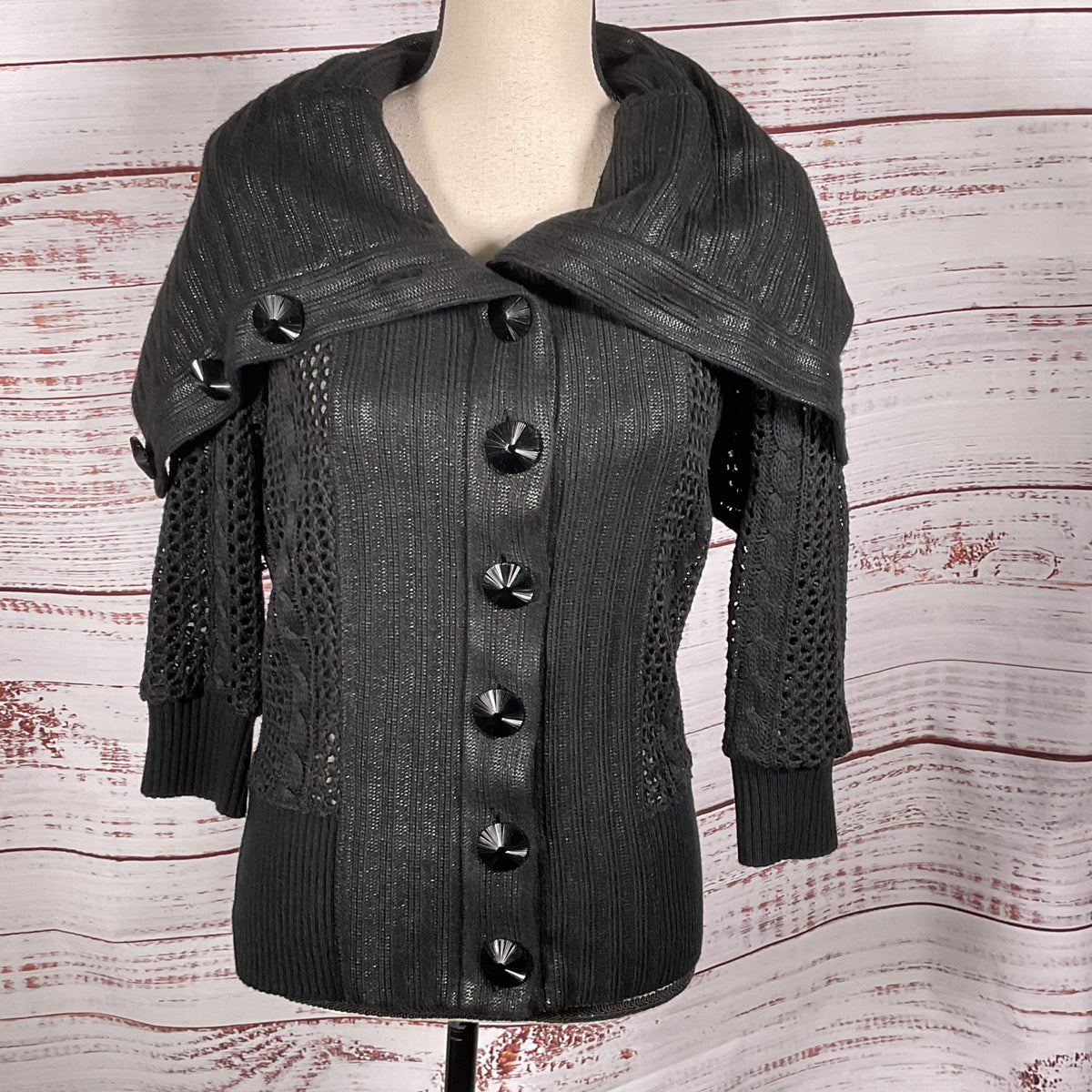 BYRON LARS Beauty Mark Women's Black Cable & Crochet Cardigan Sweater- SZ 8