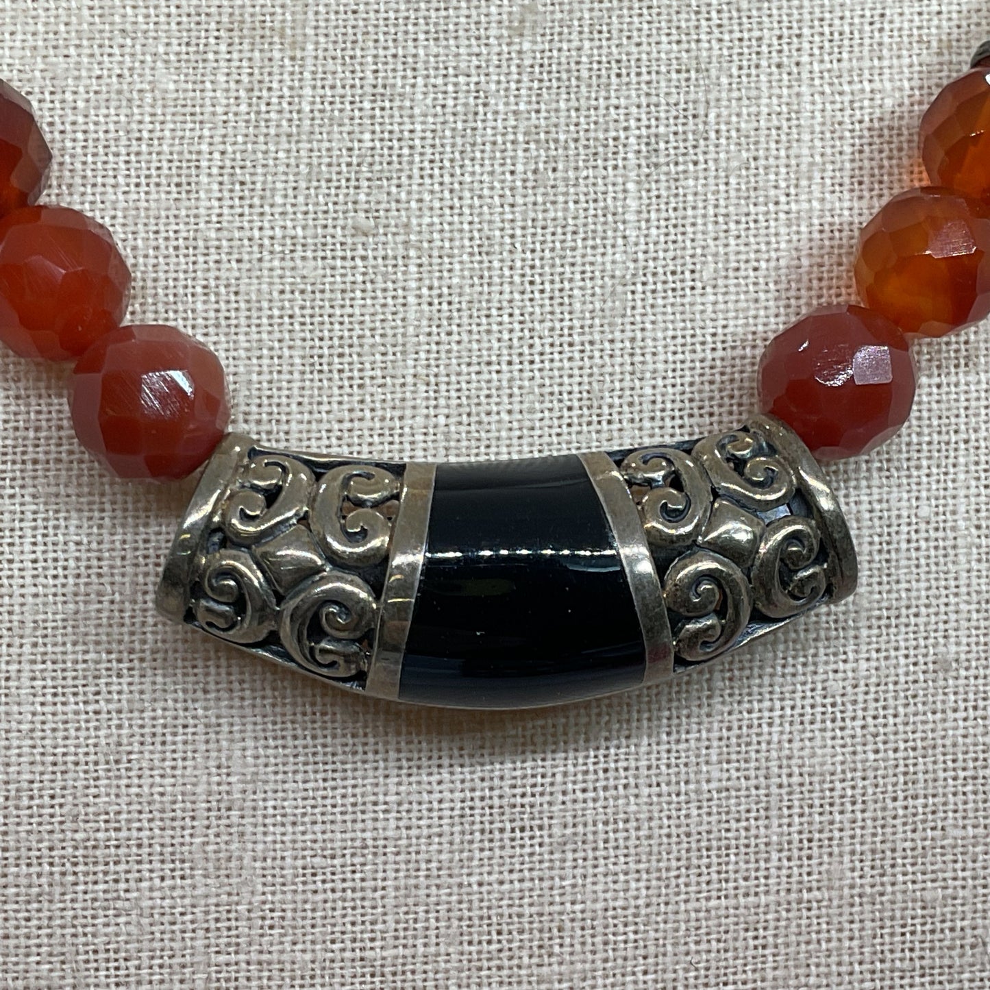 Sterling Silver Gemstone Onyx & Aquamarine Beaded Necklace- 19"
