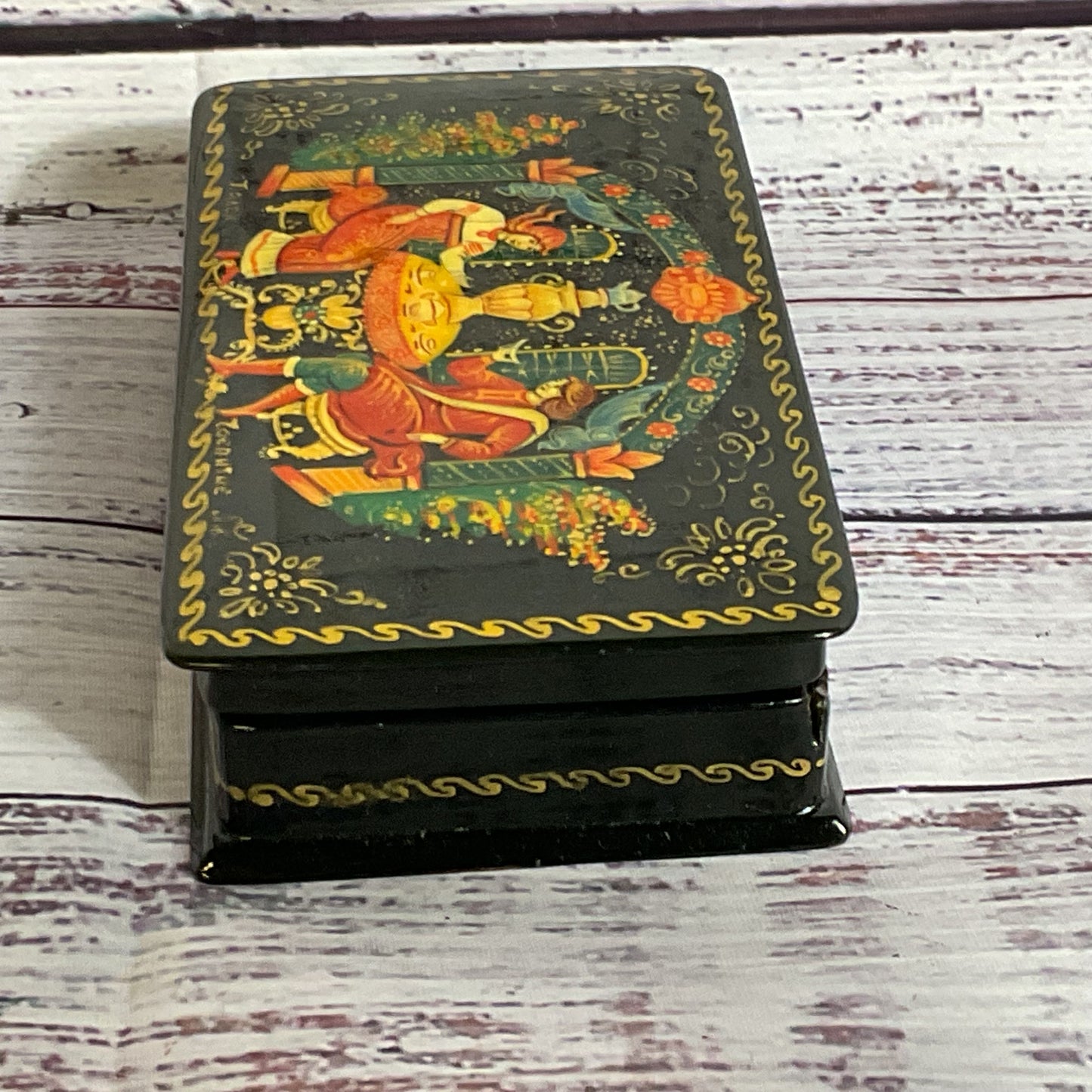 VTG. Russian Black Lacquer Hand Painted Trinket Box- 5" x 2.75"