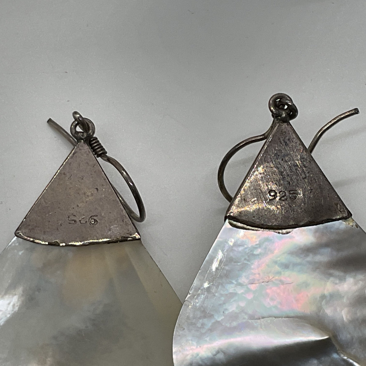 VTG. Art Deco Sterling Silver Carved Mother of Pearl 2.5" Dangle Earrings