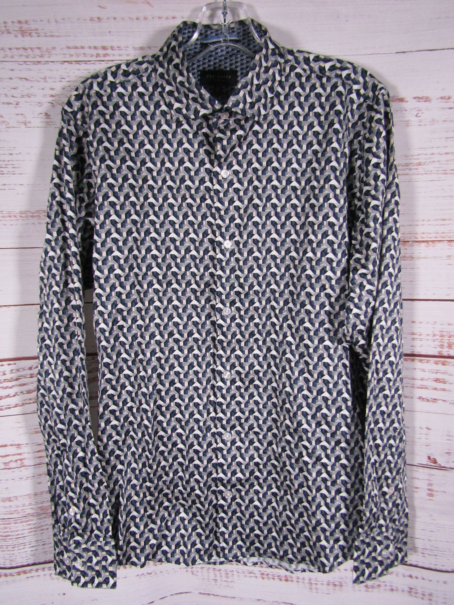 Ted Baker Soren Men's Archie Print Dark Denim Geometric Long Sleeve Shirt Size M