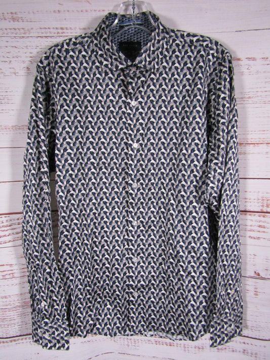 Ted Baker Soren Men's Archie Print Dark Denim Geometric Long Sleeve Shirt Size M