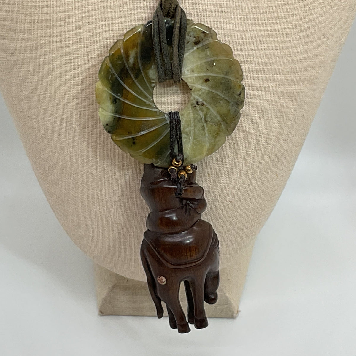 Signed ANTIQUE Japanese Carved Wood Netsuke and Jade Disc Pendant Necklace