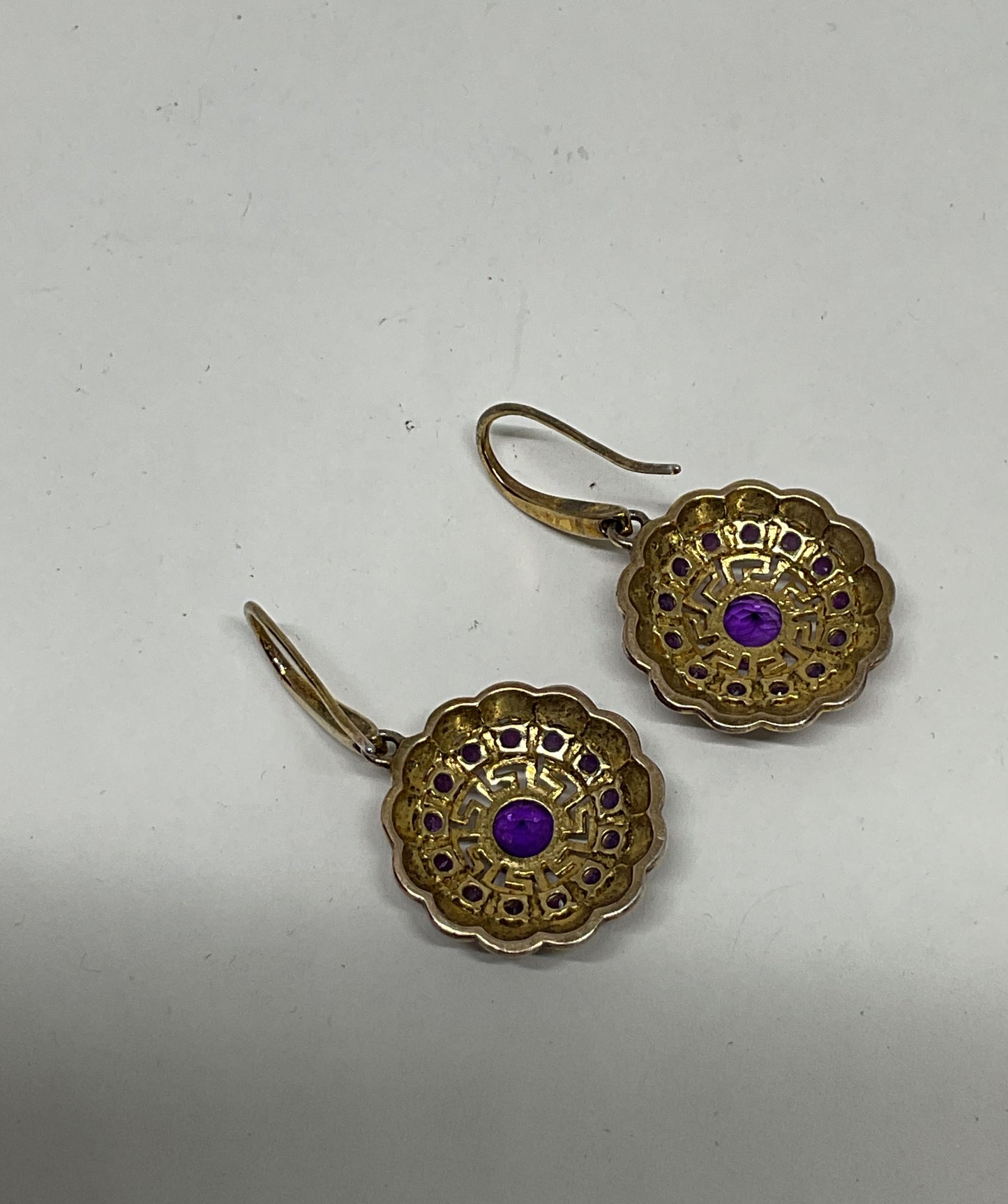 Gold Tone Sterling Silver Drop Earrings with Purple Amethysts