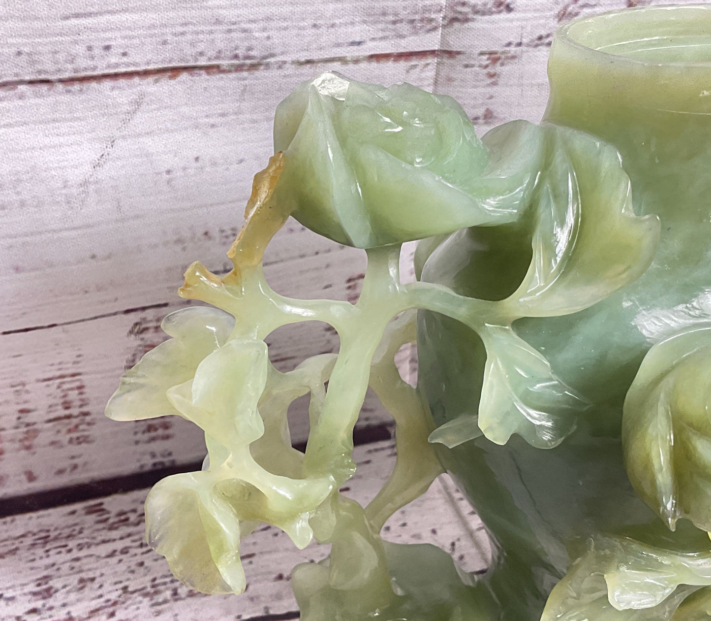 Vintage Chinese Rose Carved Natural Stone Jar Green