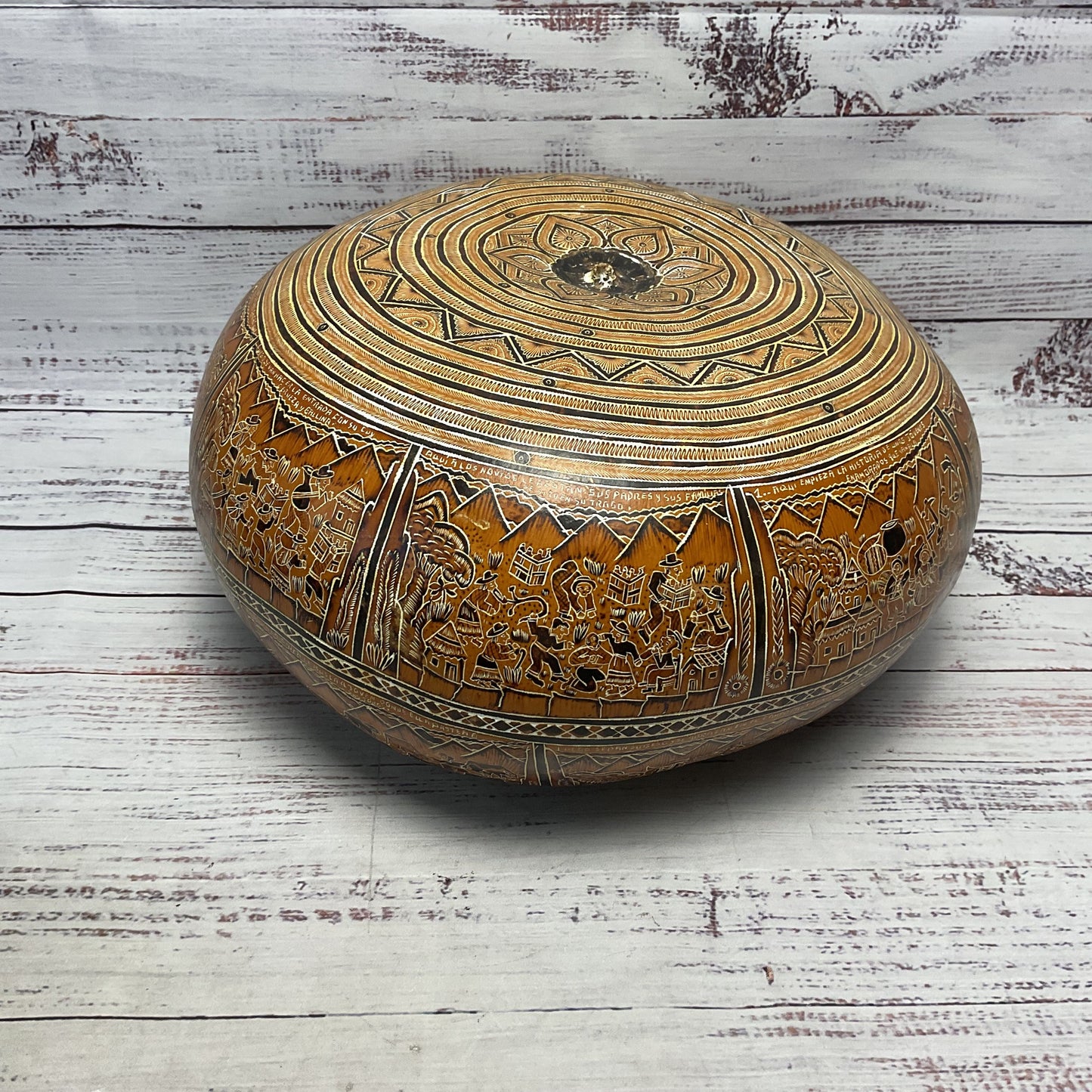 Peruvian Hand Carved Colored Pictorial Gourd Large 12.5"