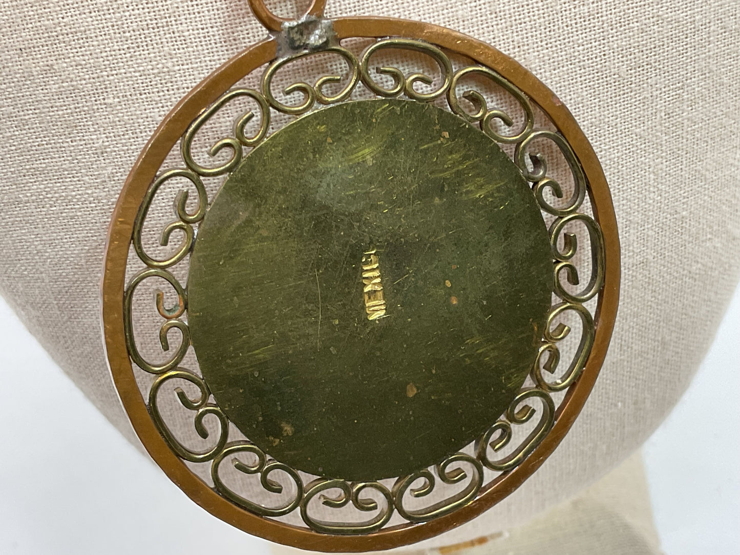 VTG. Mexico Brass Chain and Large Agate Round Pendant- 26"