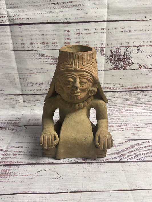 Brown Clay Mexican Figure Sitting Pot Vase
