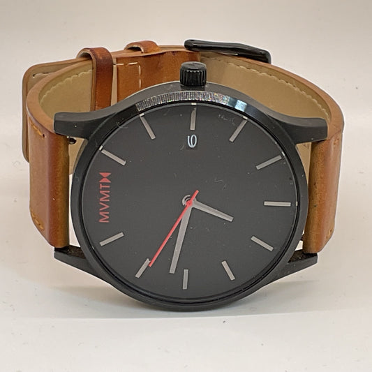 MVMT Classic Men’s Watch Black Stainless Steel Brown Leather Band- NEEDS BATTERY