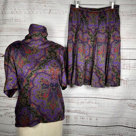 GLORIA SACHS Women's Purple Paisley Print Skirt Set- SZ 12