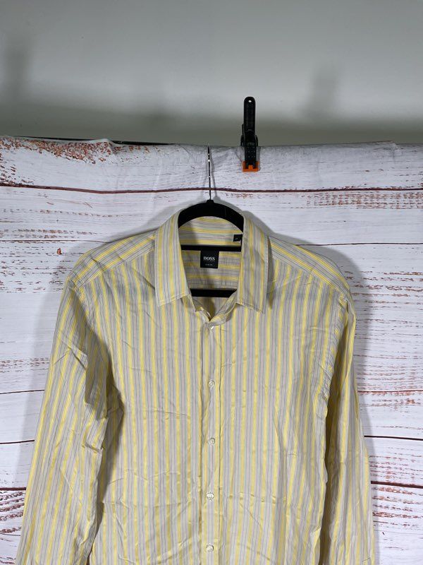 Hugo Boss Slim Fit Yellow & Gray Striped Long Sleeve Button Shirt Size M