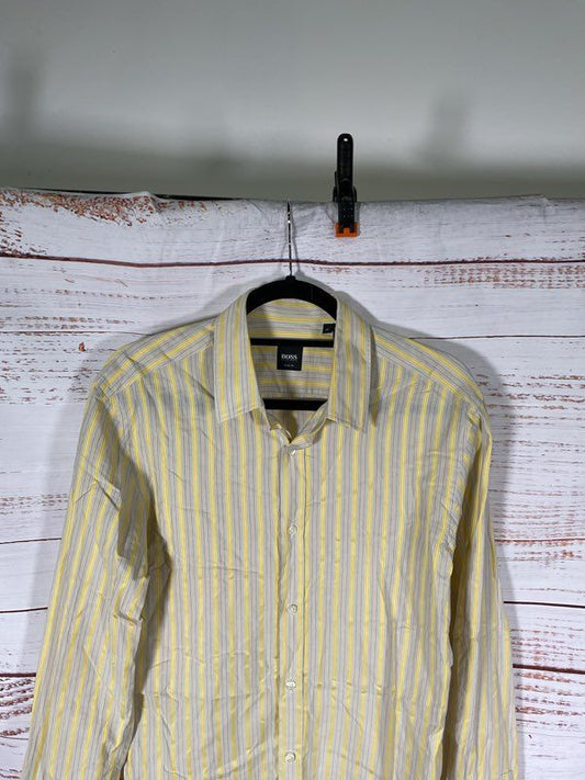 Hugo Boss Slim Fit Yellow & Gray Striped Long Sleeve Button Shirt Size M