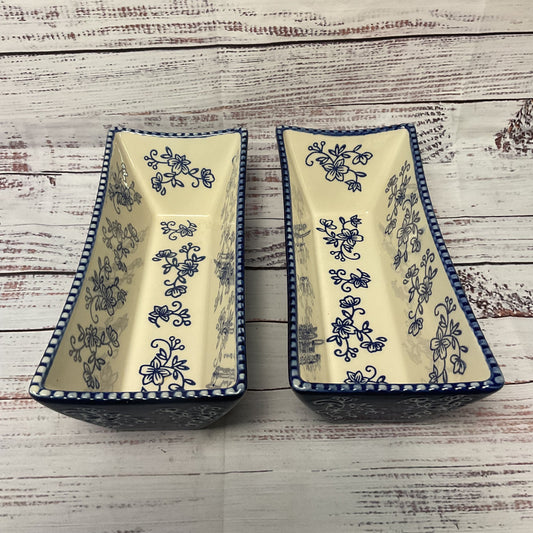 Temp Tations Rectangular Bowl Blue Floral Lace Ceramic Pair Of 2