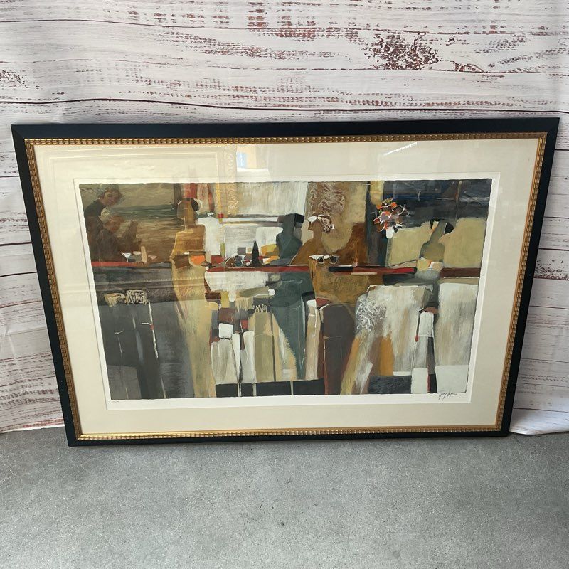 Yuri Tremler Ladies Standing at a Bar Textured Serigraph Print 49" Framed