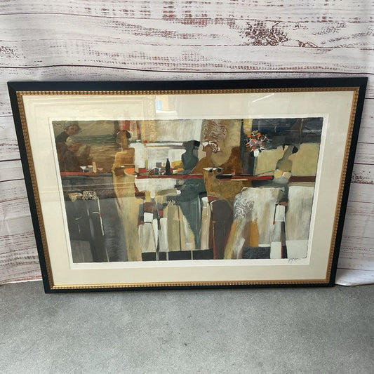 Yuri Tremler Ladies Standing at a Bar Textured Serigraph Print 49" Framed