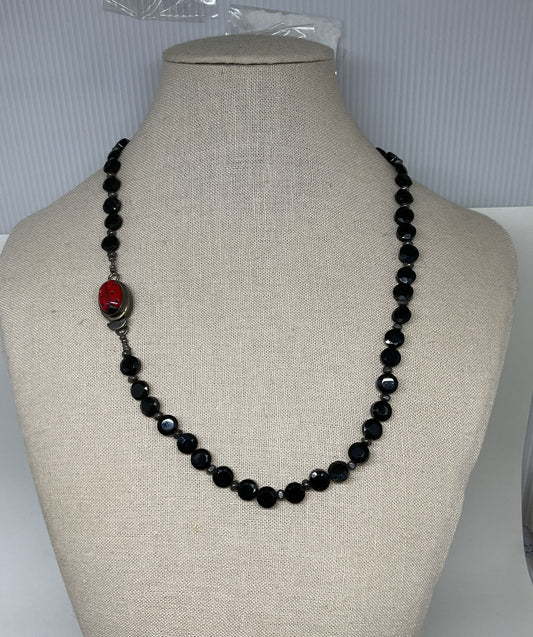Black Beaded Sterling Silver Ladybug Clasp Vintage Necklace