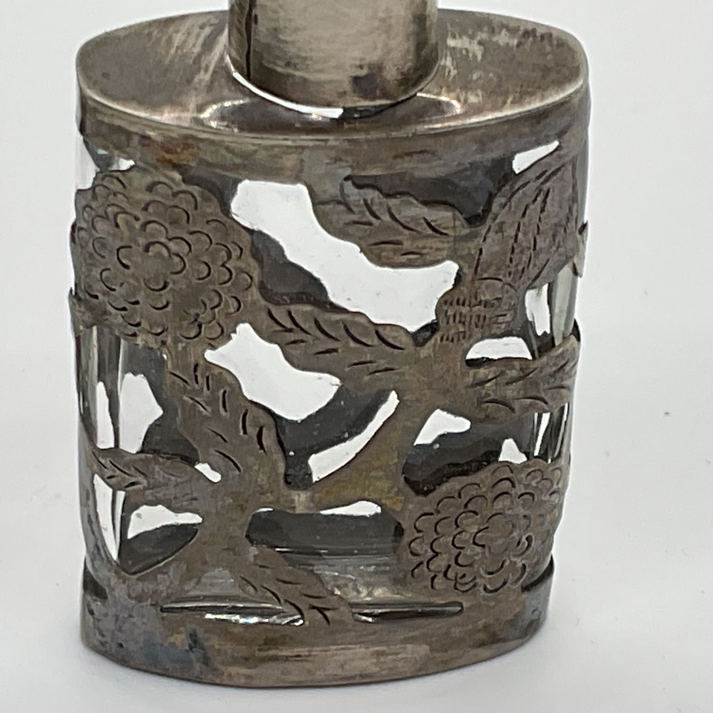 VTG./ANTIQUE Mexico Sterling Silver Overlay 2.5" Mini Perfume Bottle Flask