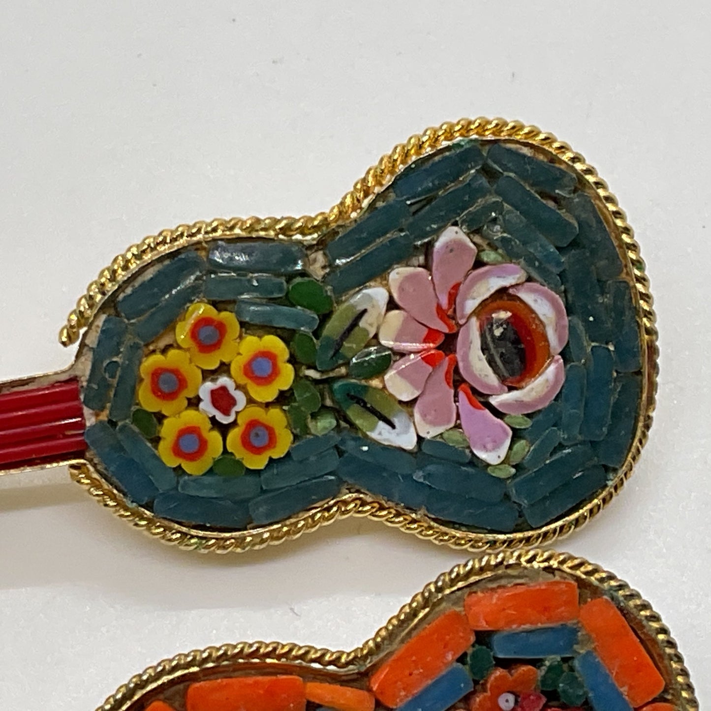 Set of 2 Italy Brass Mosaic 1.75" Guitar Brooches