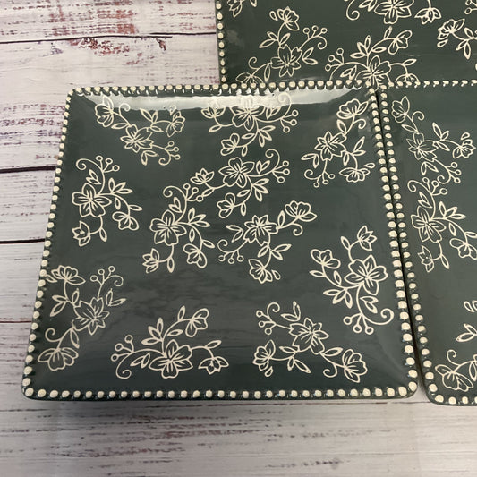 Temp-Tations Green Grey Floral Lace Ceramic Square Dish 8.5" 3 Dishes