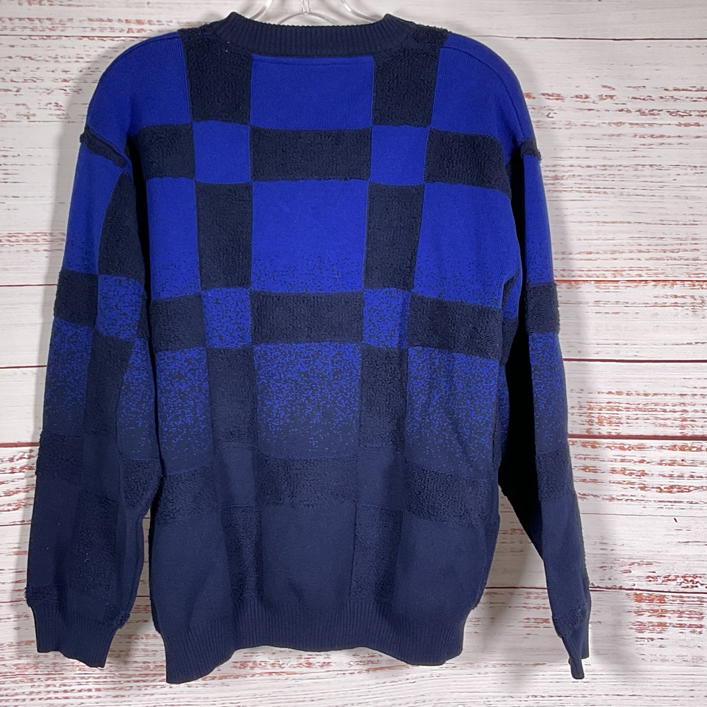 PERCIVAL Men's Blue Color Block Checkered Crew Sweater- SZ M