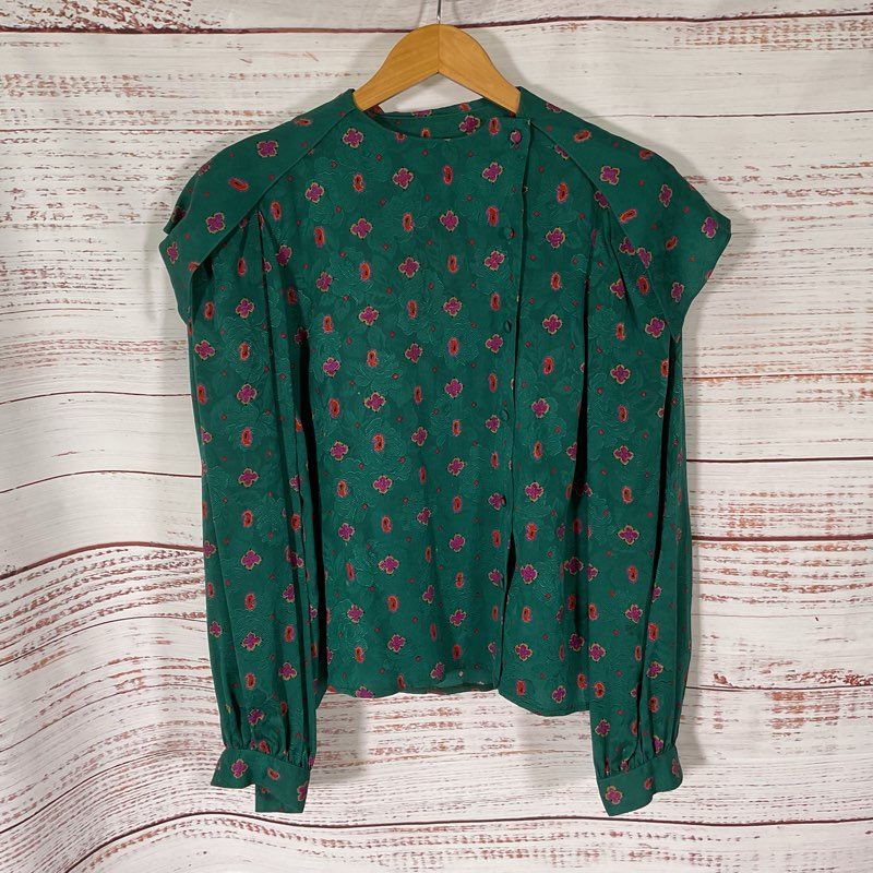 VTG. Oscar De La Renta Green Floral Cape Shoulder Silk Blouse Blouse - Size 10