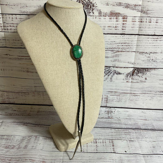 VTG. Sterling Silver Malachite Black Leather Rope Bolo Tie
