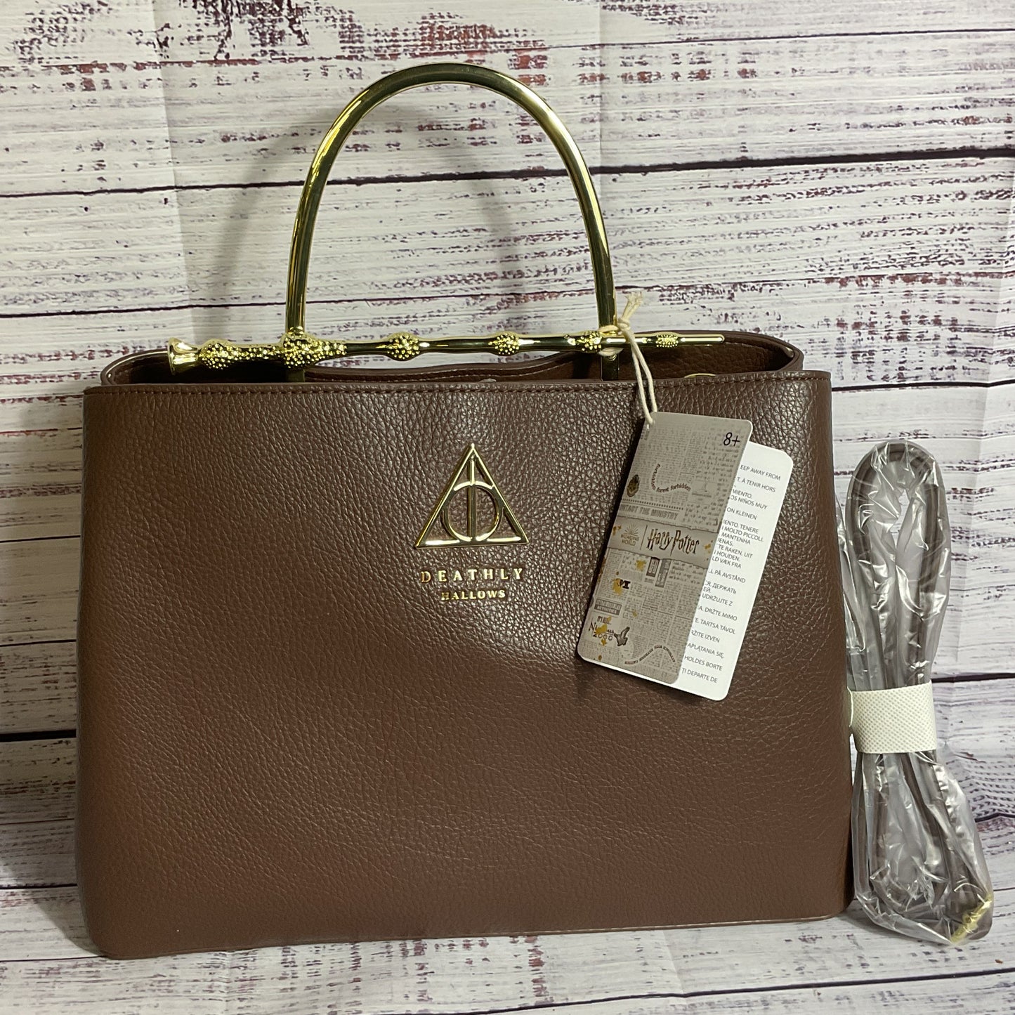 NWT LOUNGEFLY Harry Potter Deathfly Hallowe Brown Purse with Gold Elder Wand