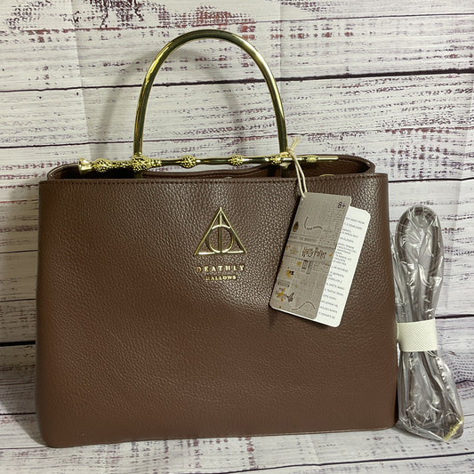 NWT LOUNGEFLY Harry Potter Deathfly Hallowe Brown Purse with Gold Elder Wand