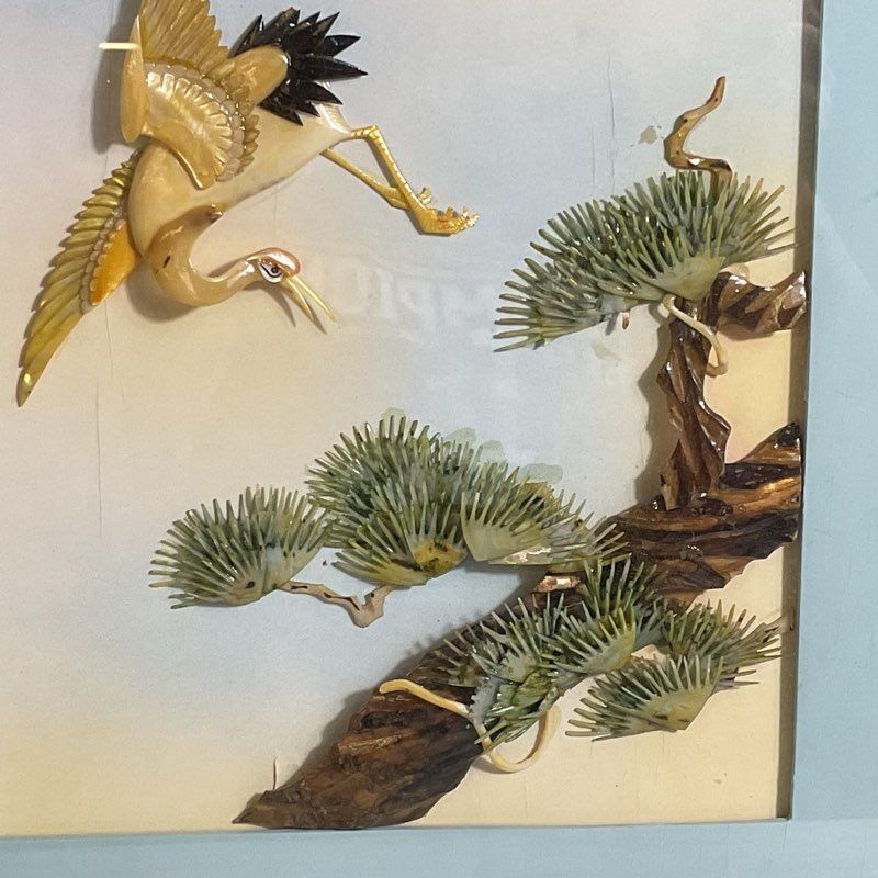 VTG. Chinese Relief Mother of Pearl Bird Stone Tree Art- FRAMED 24" X 14"