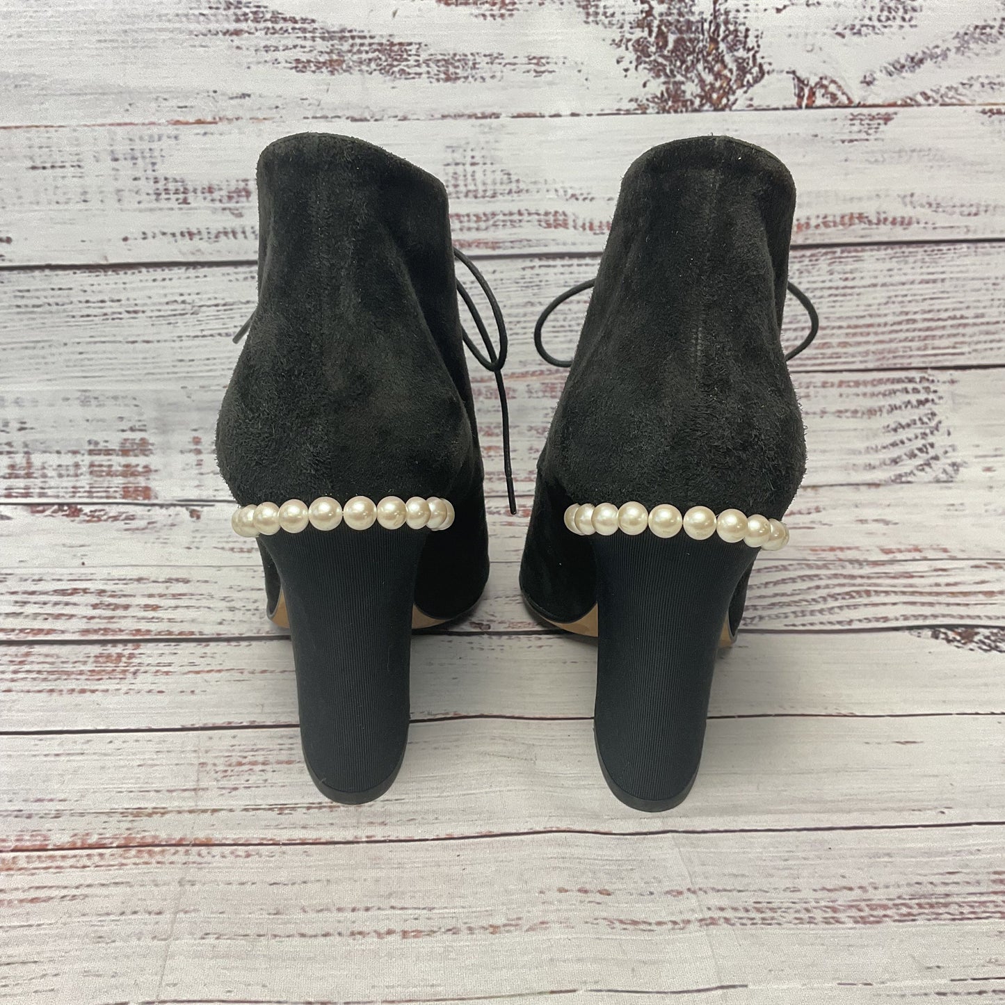 Chanel Black Suede Ankle Boot Heel Bootie Pearl Accent Women Size 6.5