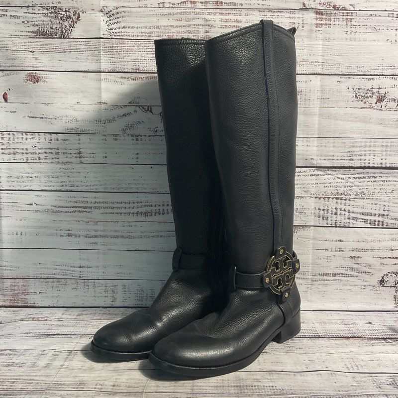 Tory Burch Black Leather Amanda Knee High Side Zip Riding Boot Women's 8.5