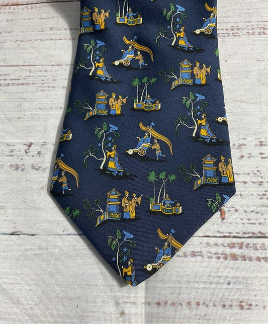 Salvatore Ferragamo Men's Blue 100% Silk Asian Culture Print Made in Italy