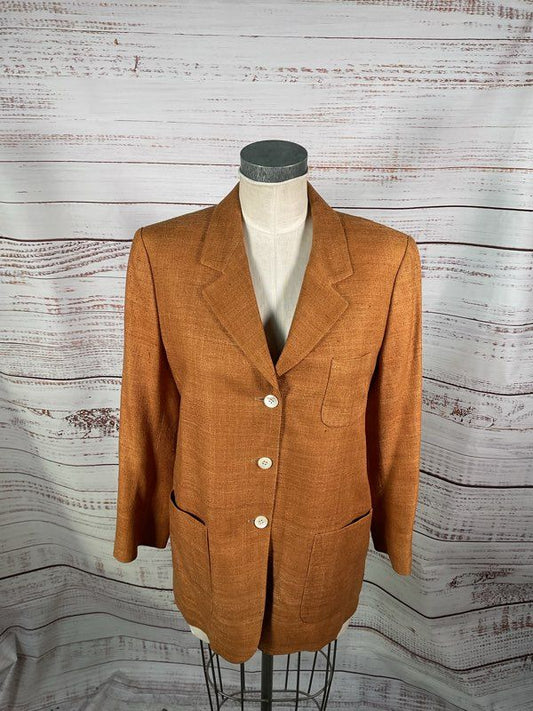 Vintage Bernard Zins 100% Silk Orange Suit Jacket Size 10 Made in France