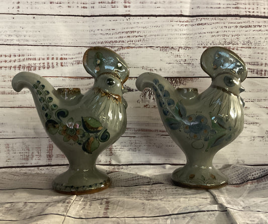 Ken Edwards Vintage Mexican Tonala Rooster Set of 2 Candlesticks Multicolor