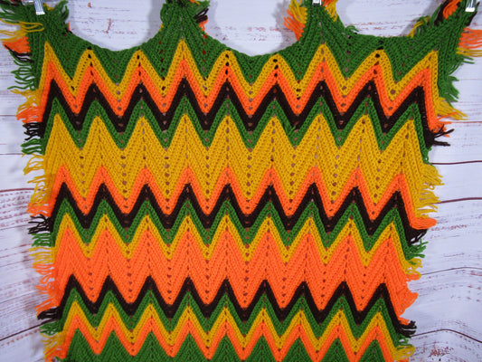 Vintage Hand Knit Crochet Wool Blend Multi-Color Chevron Zigzag Fringe Blanket